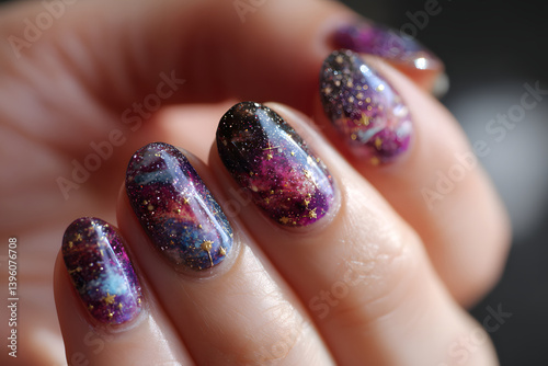 Obraz na płótnie A stunning display of galaxy-inspired nail art with cosmic colors and sparkling gems. w salonie