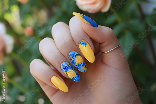 Obraz na płótnie A stunning nail art design featuring vivid yellow and blue roses that evoke joy and creativity. w salonie