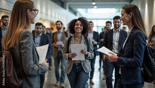 Job fair, Recruiters at a job fair, Group of recruiters interacting with job seekers at a bustling job fair