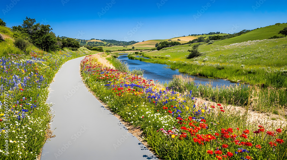 Obraz premium Scenic landscape featuring a winding path alongside a vibrant river, adorned with wildflowers in full bloom under a clear blue sky.