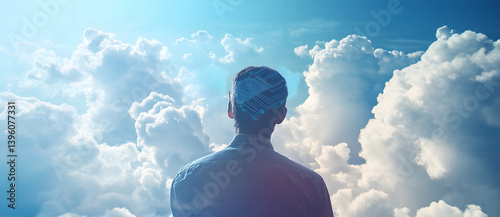 Man with circuit head looking at the clouds above