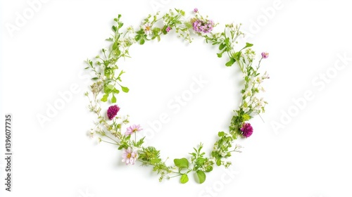 Circular patch of flowers, leaves, or grass isolated on white--natural design element.