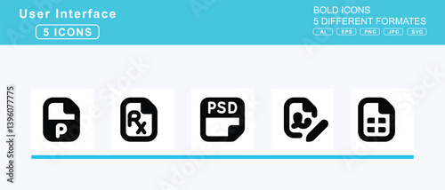 Set of 5 bold user interface icons,file, invoice, dollar, medical, minus, pdf