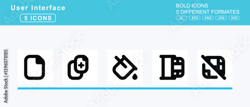 Set of 5 bold user interface icons,file, spreadsheet, upload, user, video, word