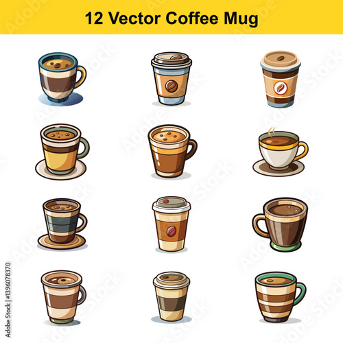 Twelve Colorful Vector Illustrations of Coffee Mugs and Cups, Perfect for Cafe Menus or Coffee Shop Branding