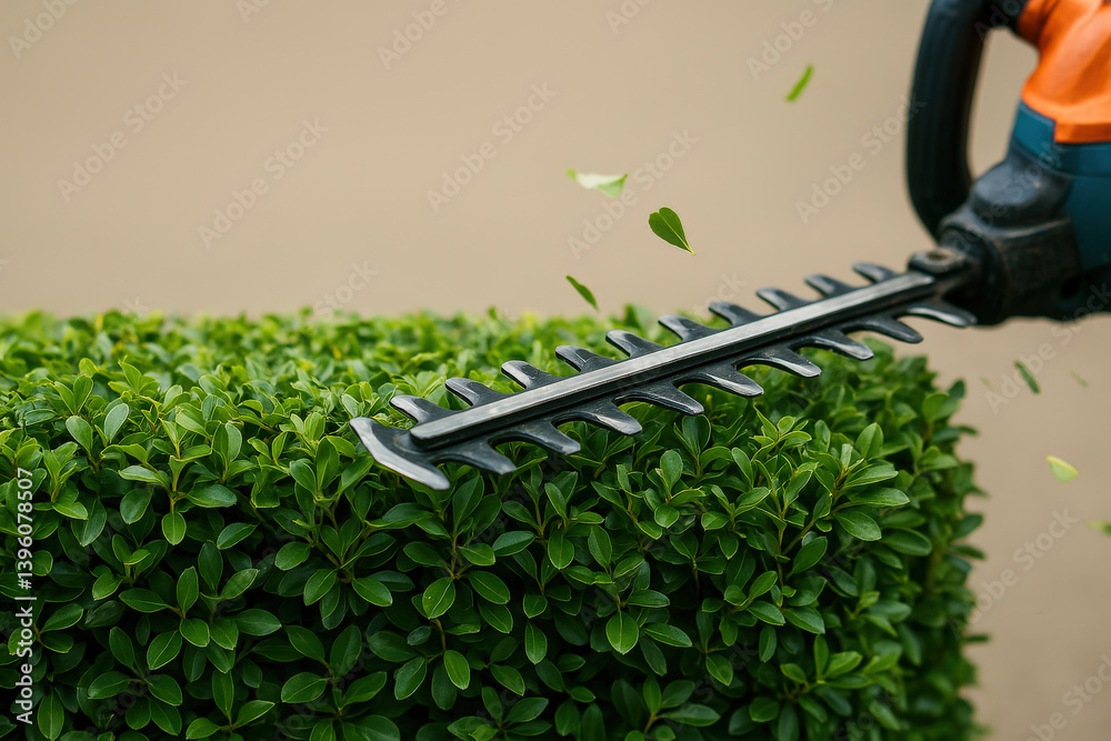 Obraz premium Electric Hedge Trimmer Cutting Green Shrub, Precision Gardening