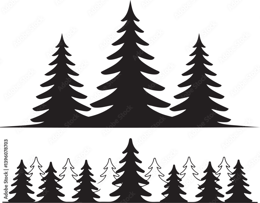 Obraz premium Pine Tree Forest Black and White Silhouette Vector Set