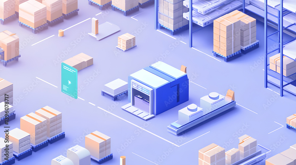Fototapeta premium A vibrant digital illustration of a modern warehouse with shelves, pallets, and a loading dock, showcasing an organized logistics environment.