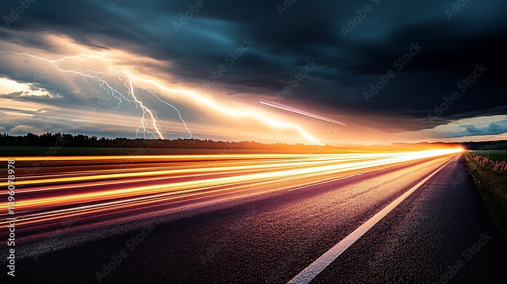 Obraz premium Dramatic Lightning Strikes Over a Highway with Long Exposure Light Trails at Dusk : Generative AI