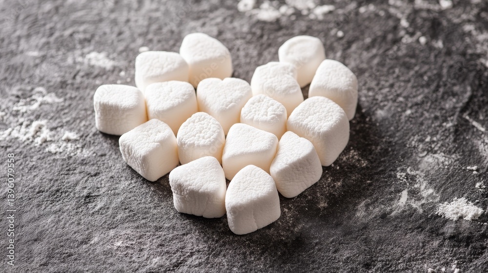 Heart made of marshmallows on gray stone background, sweet close-up arrangement. Heart made of marshmallows on gray stone background, sweet close-up arrangement.