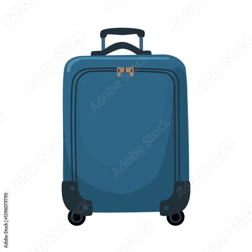Blue Travel bag on wheels with retractable handle. Vector flat illustration with luggage. Carry-on baggage. EPS 10