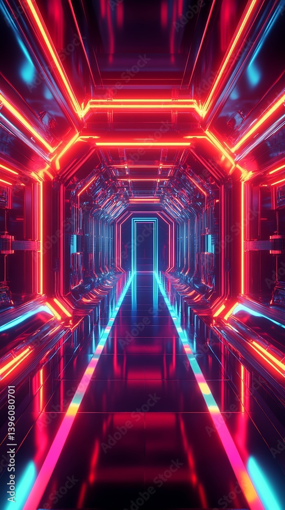 Fototapeta premium Futuristic Neon Corridor with Bursting Colors and Enhanced Reflections for Immersive Experience : Generative AI