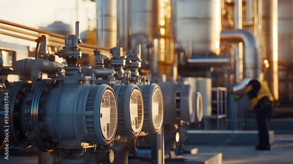 Industrial machinery with pipes and tanks in an outdoor setting with a worker. Industrial machinery with pipes and tanks in an outdoor setting with a worker.