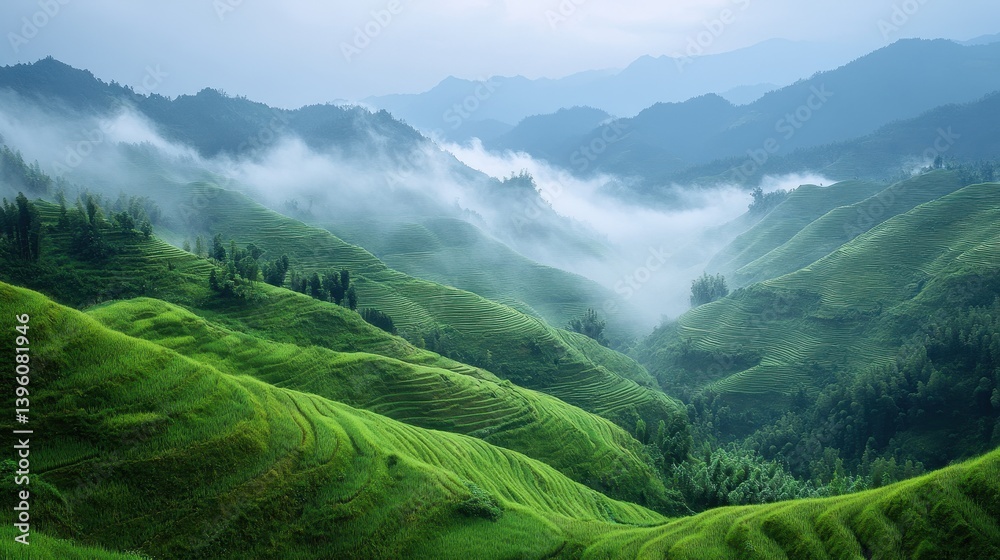Fototapeta premium A peaceful mountain landscape with mist rolling over the hills, symbolizing resilience and overcoming struggles