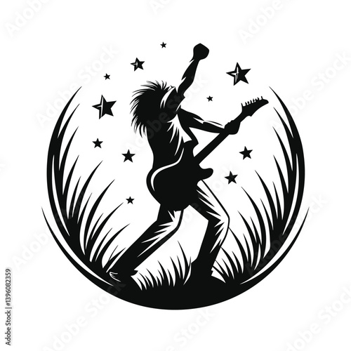 Silhouette Rock Musician with Electric Guitar, Stars and Grass Rock Concert Icon