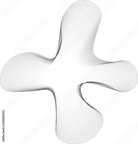 Vector with a luminous round center and cross-inspired flowing edges built from dotted layered contours in organic motion.