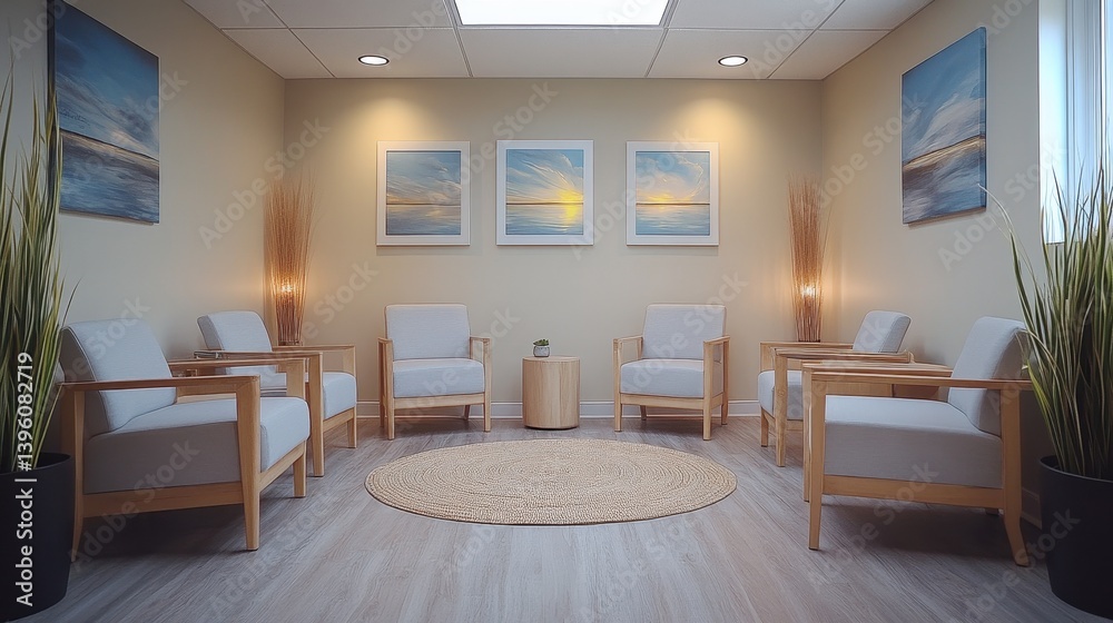 Fototapeta premium A therapy waiting room with comfortable chairs, soft lighting, and artwork that promotes relaxation