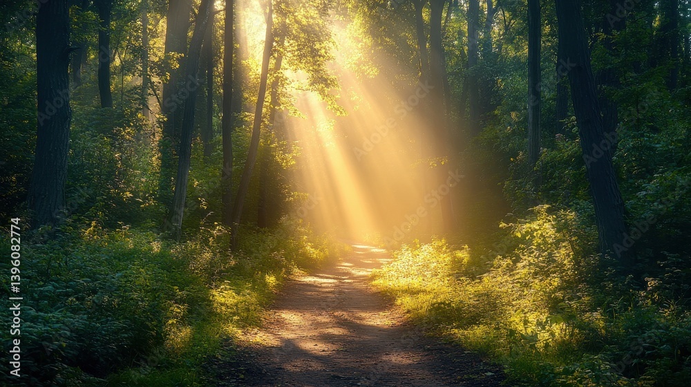 Obraz premium A tranquil nature path with soft morning sunlight breaking through the trees, symbolizing personal growth and healing