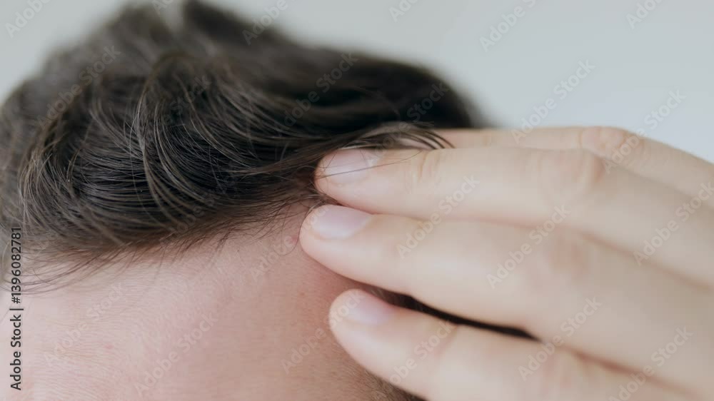 Close-up of man inspecting hairline with fingers, checking for hair loss Close-up of man inspecting hairline with fingers, checking for hair loss