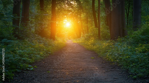 A tranquil nature path with soft morning sunlight breaking through the trees, symbolizing personal growth and healing