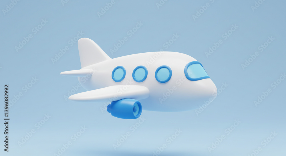 Fototapeta premium A charming cartoon airplane soaring through a pastel blue sky, ready for adventure, with simple 3D rendering.