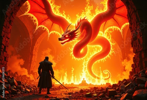 A brave knight stands before a massive, fiery red dragon in an arched stone corridor engulfed in flames and smoke, preparing for battle