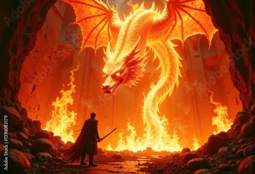 A majestic orange dragon looms over a lone warrior standing amidst fiery ruins within a cavernous, ancient temple setting filled with intense flames