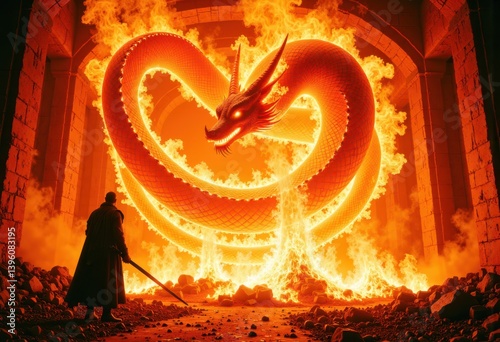 Fiery dragon coiled in a heart shape confronts a lone warrior within the ruins of an ancient temple, engulfed in intense flames and smoke