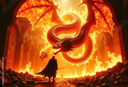 Epic confrontation between a lone warrior with sword facing massive red dragon amidst fiery ruins of ancient cathedral filled with flames and smoke