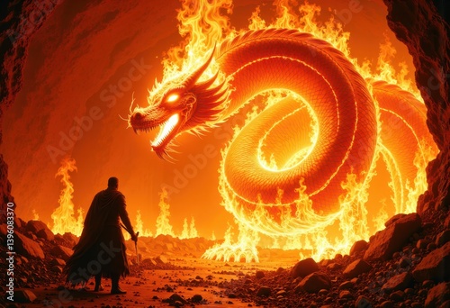 A lone warrior stands before a massive, fiery dragon coiled within a cavernous space filled with flames and glowing embers, creating a dramatic confrontation scene