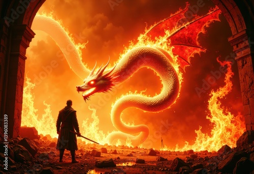 A brave warrior stands before a massive, fiery red dragon emerging from a burning archway in a ruined landscape, preparing for battle