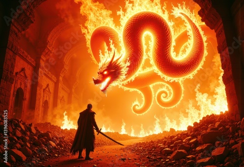 Fiery dragon emerges from burning ruins, confronting a lone warrior with sword in hand amidst intense flames and destruction