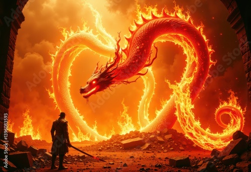 Fiery red dragon towering over a warrior standing amidst ruins engulfed in flames, creating a dramatic and powerful fantasy scene