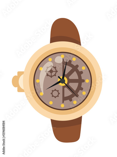 Steampunk wrist watch. Flat vector, clipart illustration isolated on white background.