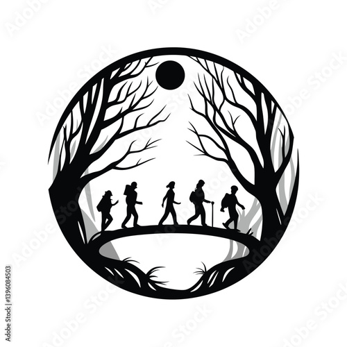 Silhouette Hiking Group Multiethnic People Walking, Backpacks, Trees and Black Sun