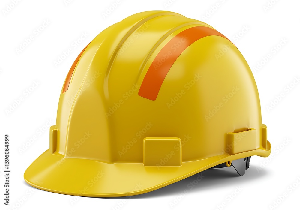 3D yellow hardhat with orange stripes isolated on a isolated on a white background. 3D yellow hardhat with orange stripes isolated on a isolated on a white background.