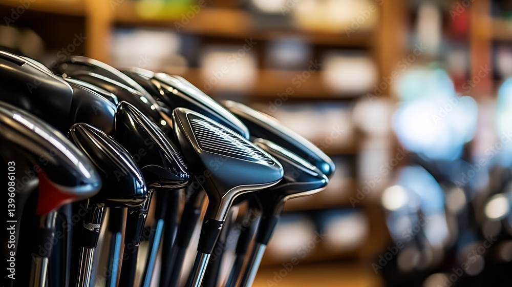 Variety of golf clubs beautifully arranged on display in a cozy golf pro shop with a blurred background : Generative AI