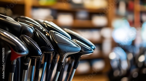 Obraz na płótnie Variety of golf clubs beautifully arranged on display in a cozy golf pro shop with a blurred background : Generative AI w salonie