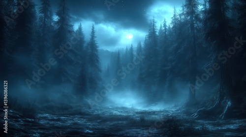 Enchanted Night Forest with Moonlit Pathway and Misty Atmosphere