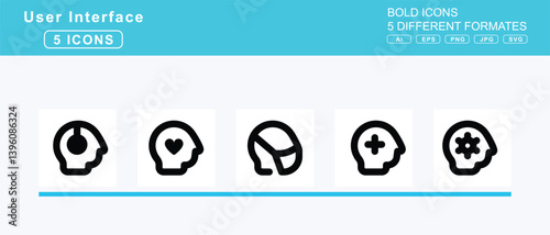 Set of 5 bold user interface icons,heading, headphones, headset, head, side, brain