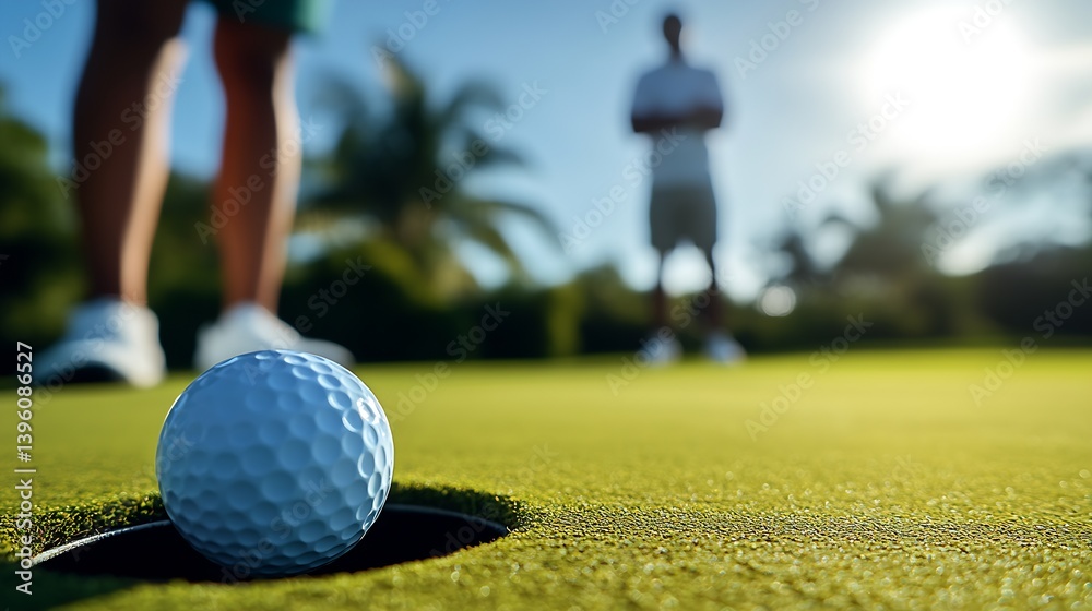 Dynamic shot of golf ball positioned near the hole under bright sunlight with golfers observing : Generative AI