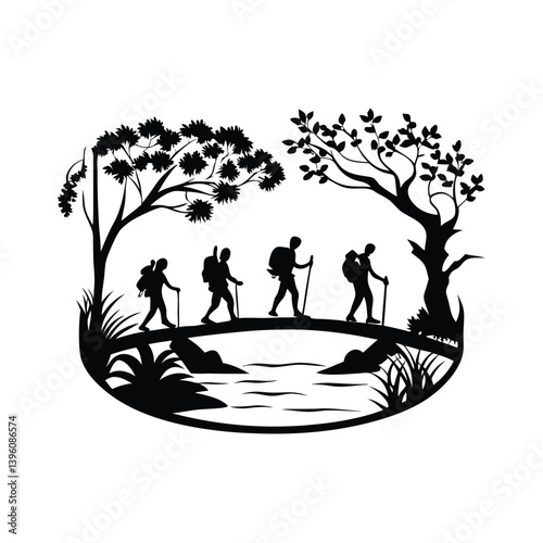 Silhouette Hikers with Sticks on Bridge, Trees, Nature, Wilderness Scenery