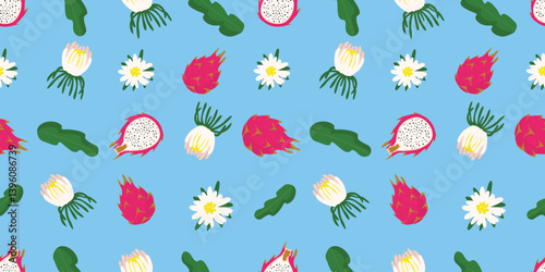 Pitahaya fruits and blossoms seamless pattern. Red pitaya with white fresh, flowers and green leaves. Cartoon background with exotic plant, edible cactus, dragon fruit. Vector design for textile.