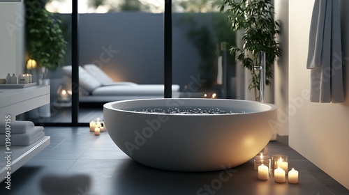Stylish bathroom design showcasing a modern soaking tub with flickering candles creating a warm ambiance : Generative AI photo
