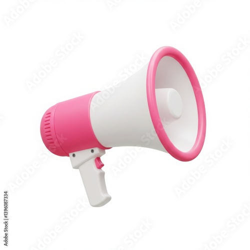 Close up of a pink and white megaphone on a white background
