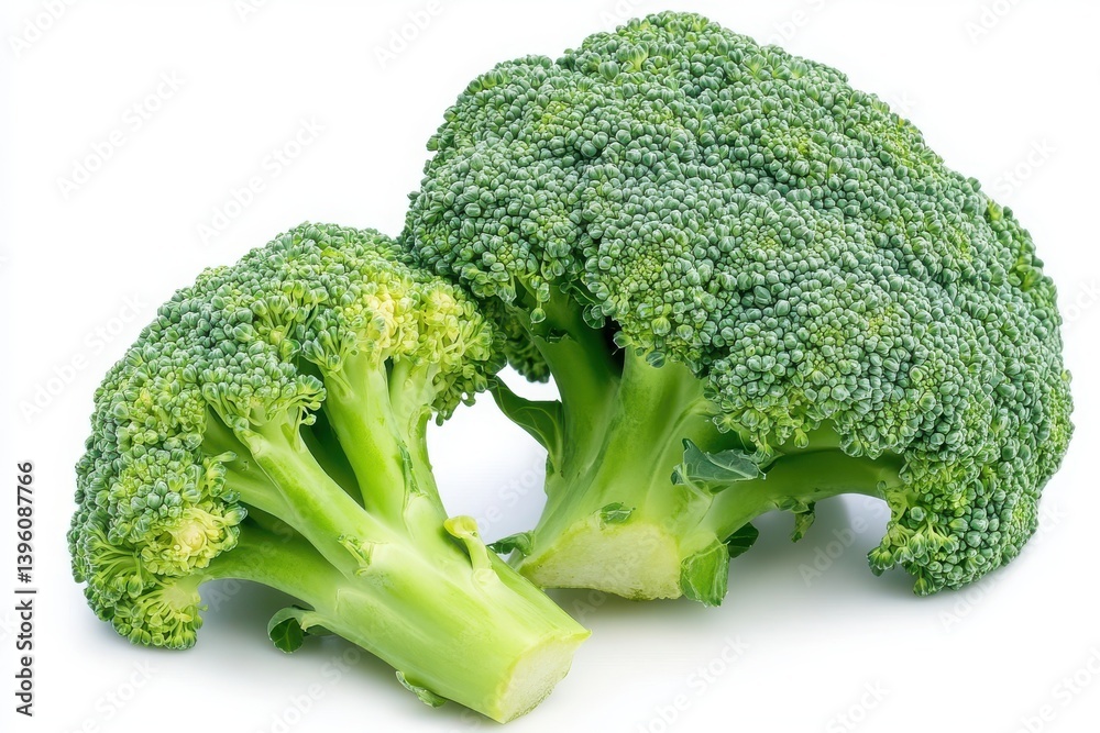 Close up of two vibrant green broccoli florets on a plain backdrop isolated on white background Close up of two vibrant green broccoli florets on a plain backdrop isolated on white background