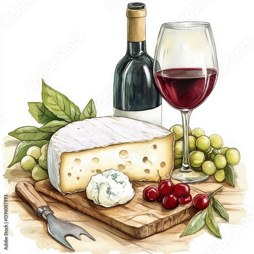  cheese mozzarella and wine in vintage style, watercolor