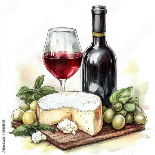  cheese mozzarella and wine in vintage style, watercolor