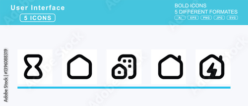 Set of 5 bold user interface icons,hot, tub, hourglass, end, start, house, blank