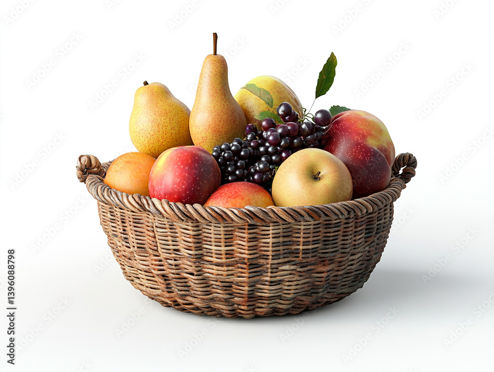 Assorted Fresh Fruits in a Wicker Basket on White Background